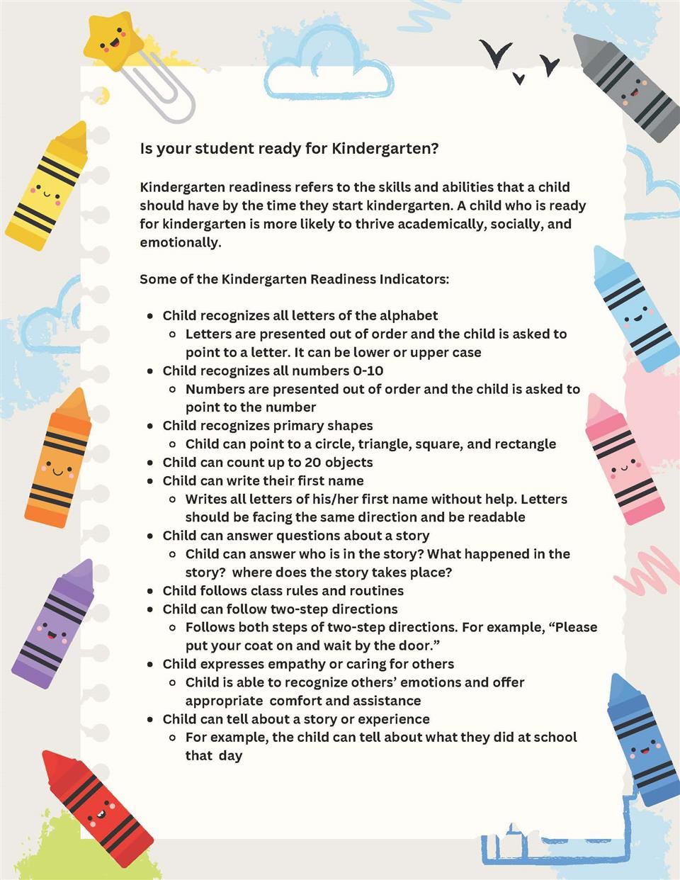 Is your student Ready for Kindergarten